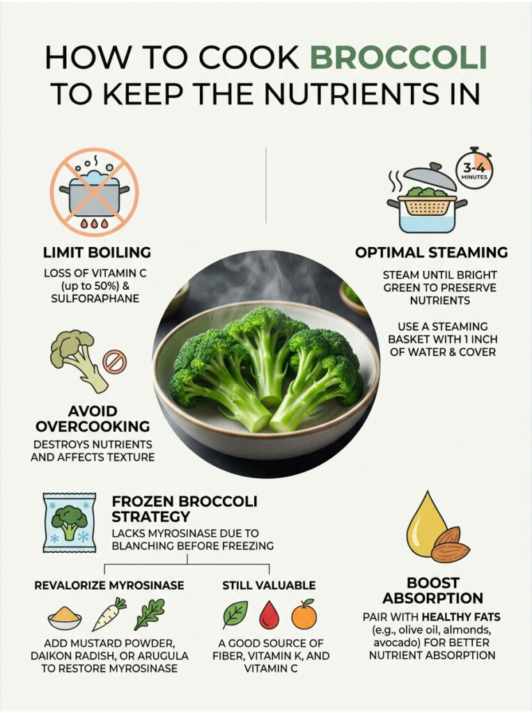 Infographic on cooking broccoli to retain nutrients, featuring tips and illustrations on steaming and absorption.