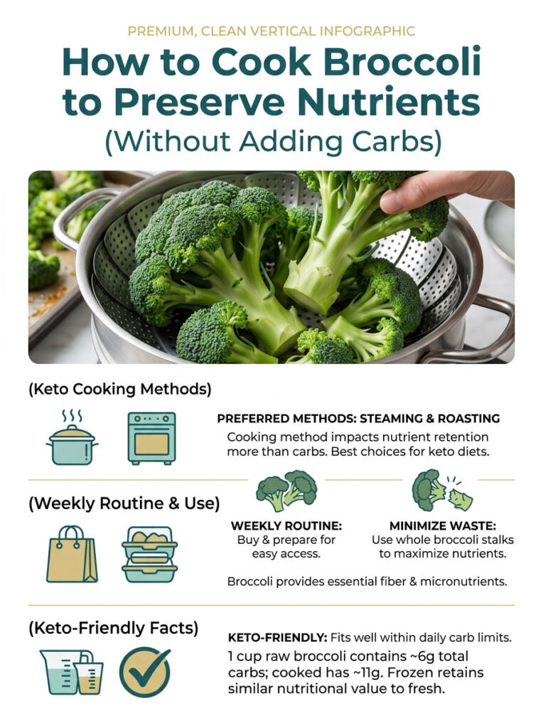 Infographic showing how to cook broccoli to preserve nutrients, including cooking methods and keto-friendly facts.