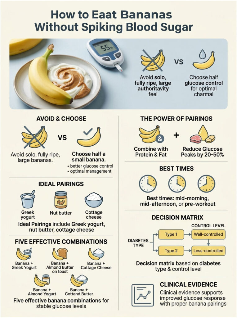 Infographic showing how to eat bananas without spiking blood sugar, featuring charts and pairing suggestions.