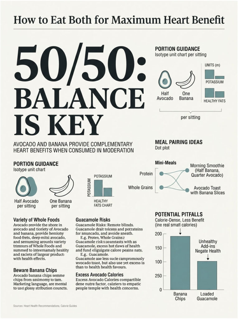 Infographic showing heart benefits of avocado and banana, portion guidance, meal ideas, and potential pitfalls.