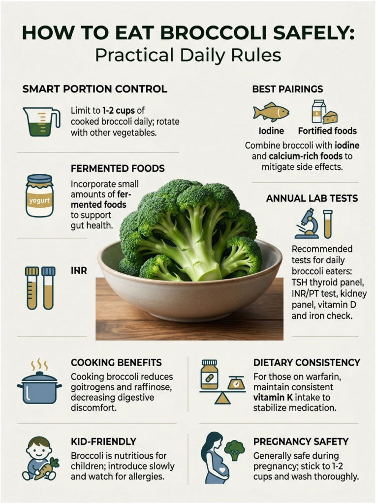 Infographic detailing safe broccoli consumption rules, including portion control, pairings, and health tips.