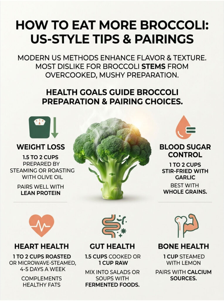 Infographic showing tips for eating more broccoli, including health benefits and preparation methods.