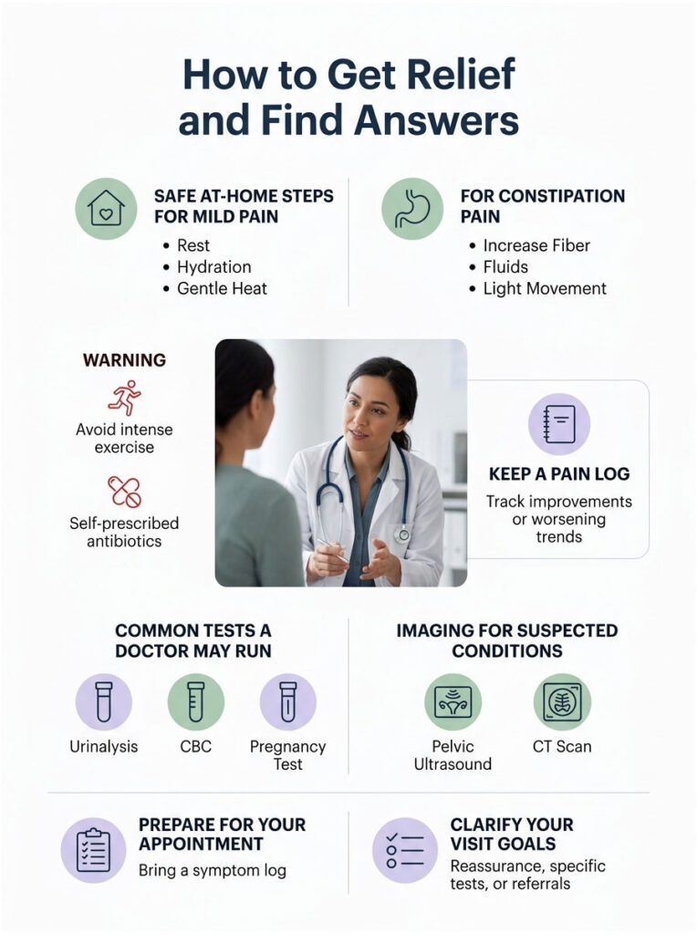 Infographic detailing steps for pain relief, including safe at-home steps, warning, tests, and appointment preparation.
