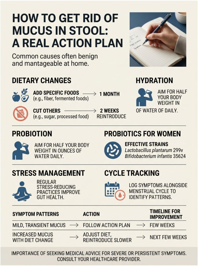 Infographic detailing action plan to reduce mucus in stool with dietary changes, hydration, and probiotics.