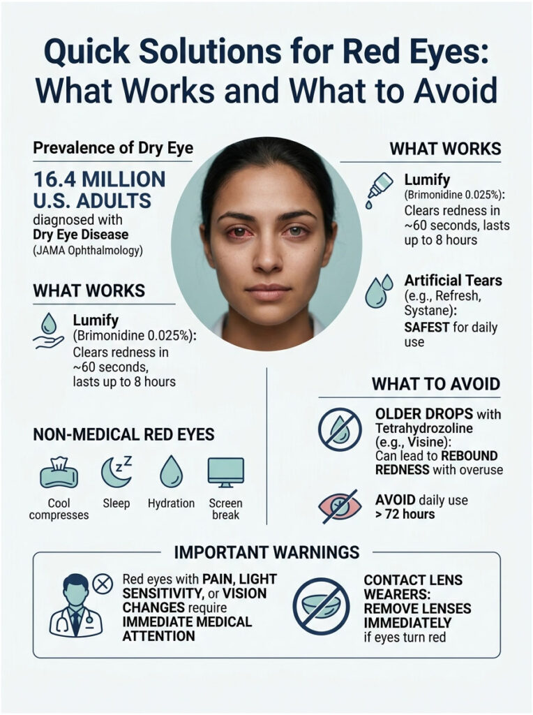 Infographic on red eyes featuring a woman with red eyes, remedies, and warnings about treatments.