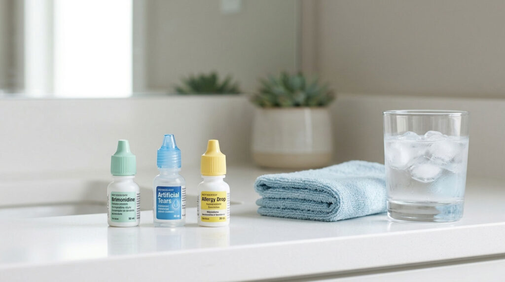Three eye drop bottles and a glass of water on a bathroom counter with a blue towel.