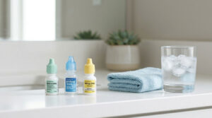 Three eye drop bottles and a glass of water on a bathroom counter with a blue towel.