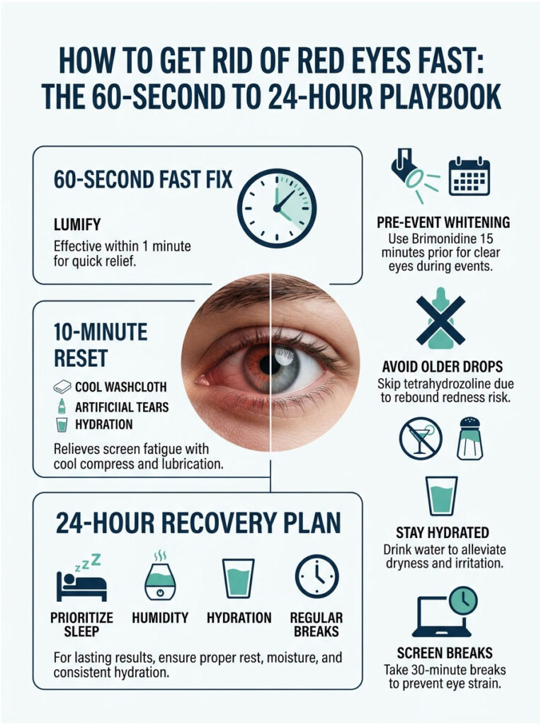 Infographic detailing methods to relieve red eyes quickly, including Lumify and hydration tips.
