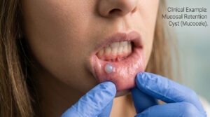 A close-up of a woman's mouth showing a mucosal retention cyst while a gloved hand examines it.