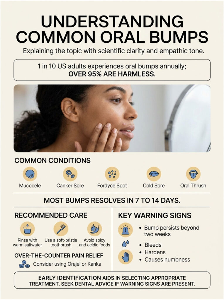 Infographic explaining common oral bumps, featuring text, icons, and a woman examining her face in a mirror.