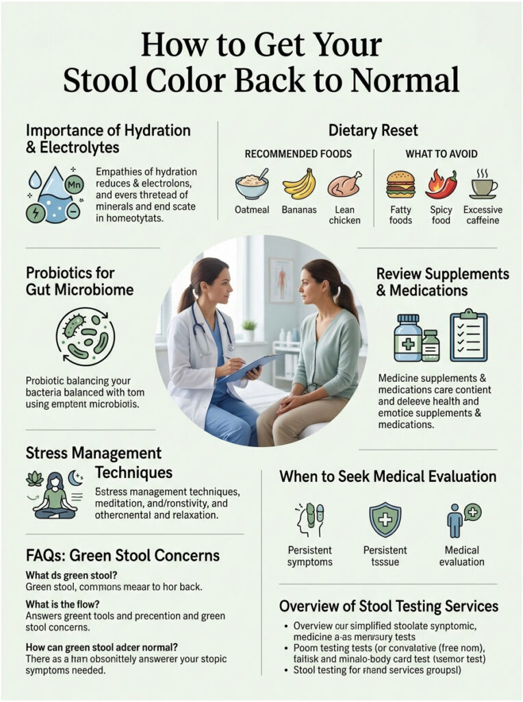 Infographic explaining how to restore normal stool color with hydration, probiotics, and dietary tips.