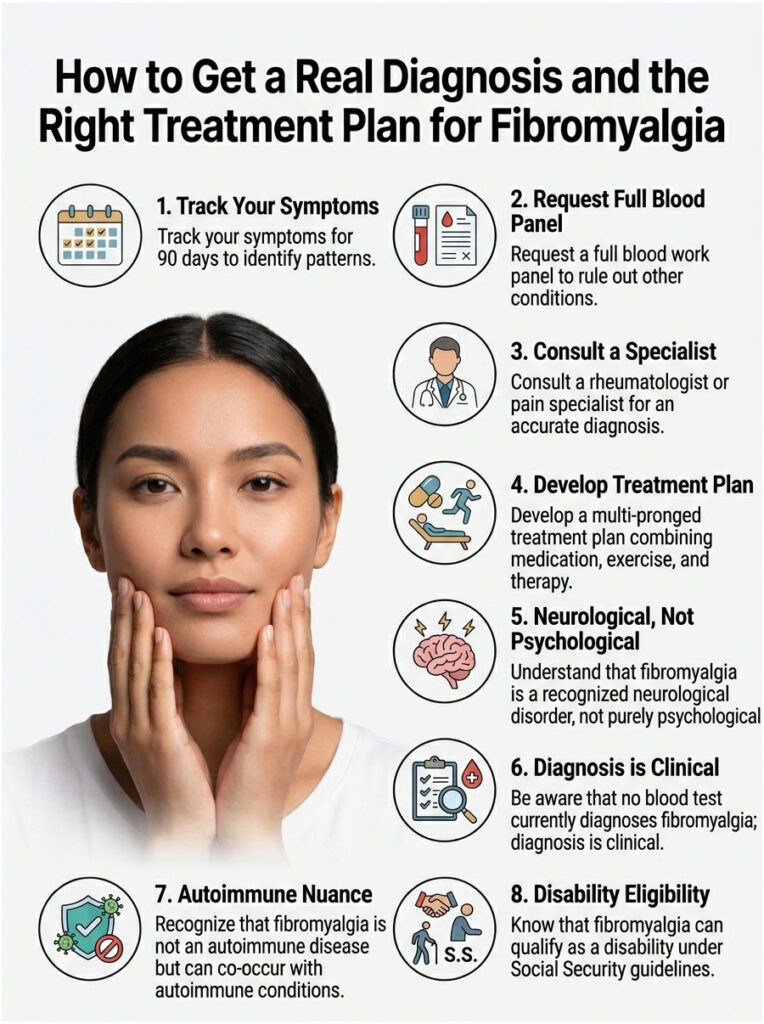Infographic detailing steps for diagnosing and treating fibromyalgia with illustrations and text descriptions.