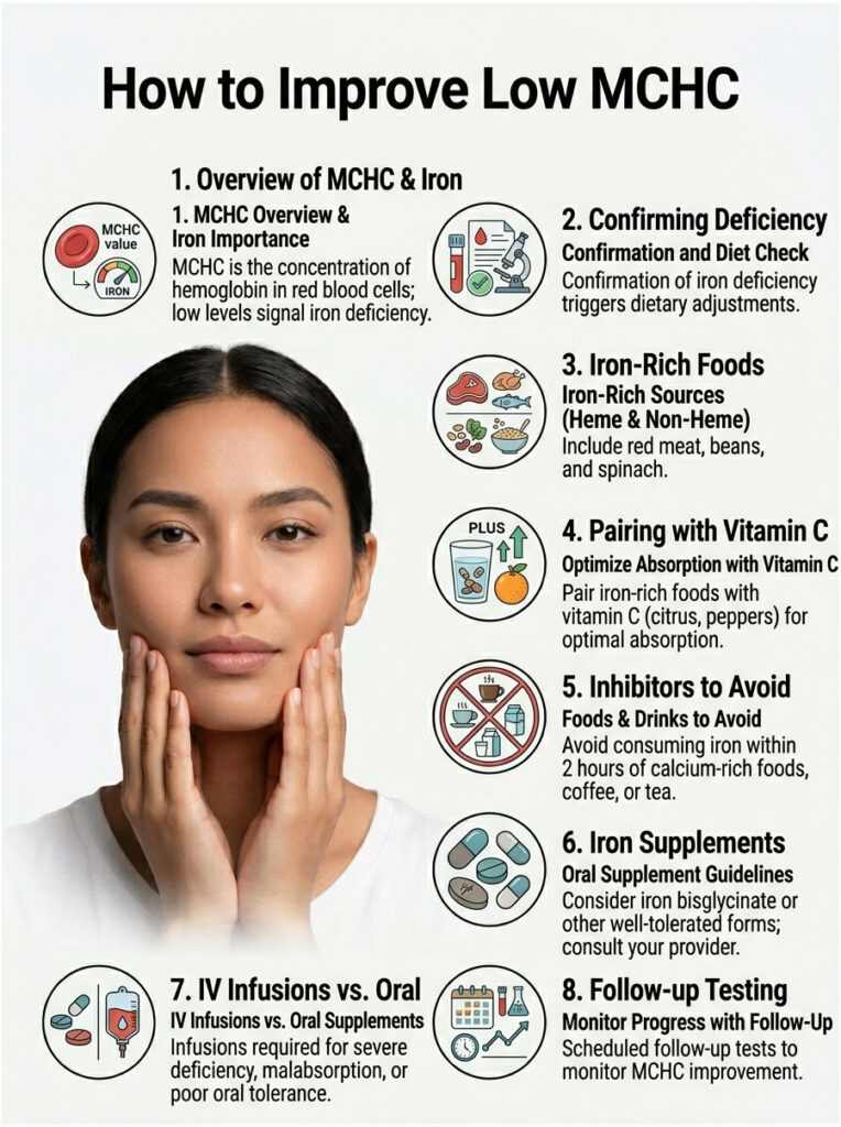 Woman touching her face with tips on improving low MCHC, including iron-rich foods and vitamin C pairing. Infographic.