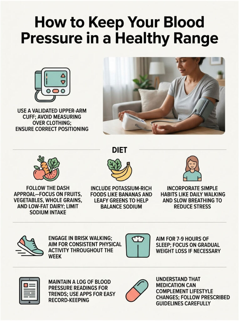 Infographic on maintaining healthy blood pressure with tips on diet, exercise, and monitoring methods.