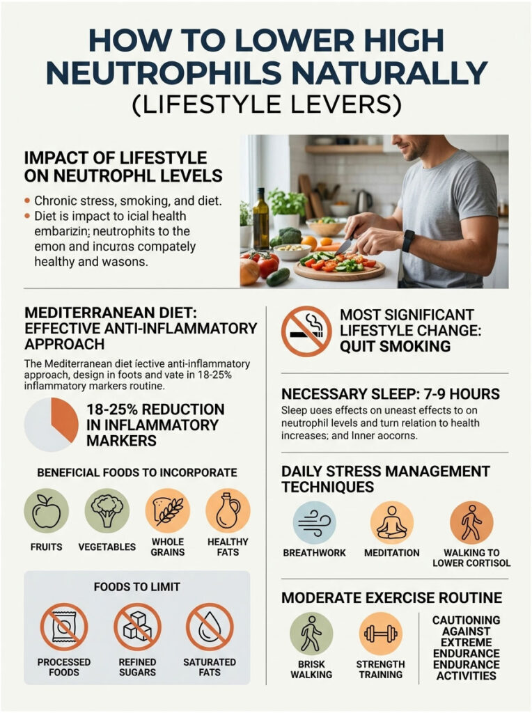 Infographic on lowering high neutrophils naturally, featuring lifestyle changes, diet, and stress management techniques.