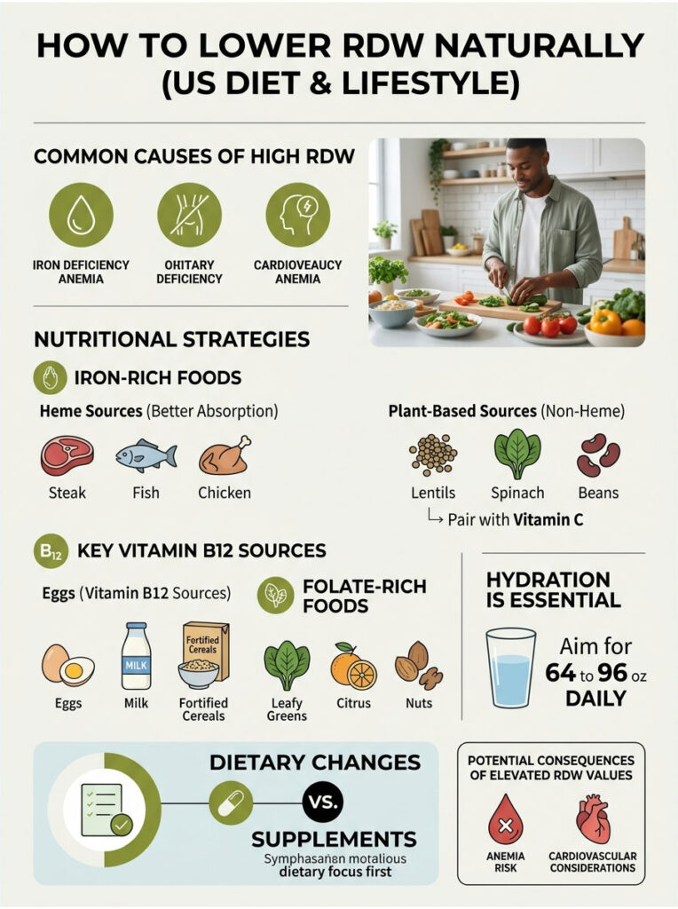 Infographic on lowering RDW naturally, featuring dietary strategies and key nutrient sources.