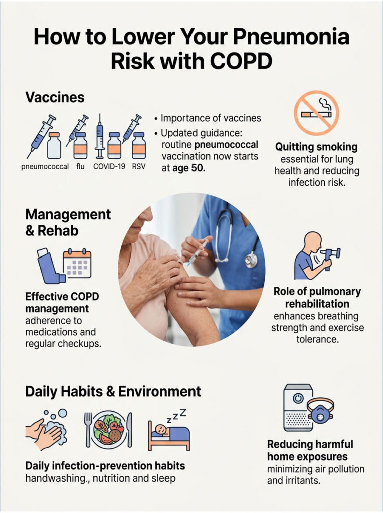 Infographic on lowering pneumonia risk with COPD, featuring vaccines, management tips, and daily habits.