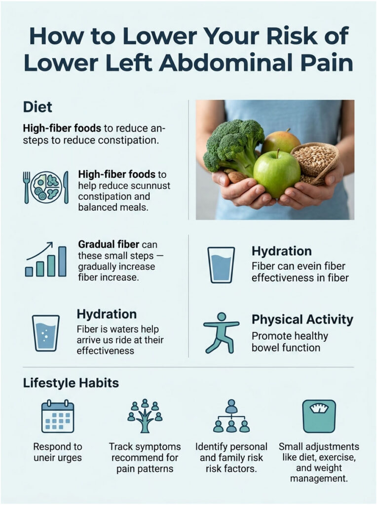 Infographic showing tips to lower risk of lower left abdominal pain with diet, hydration, and lifestyle habits.