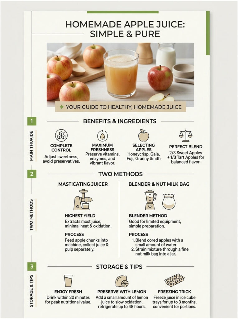 Infographic on homemade apple juice with benefits, methods, and storage tips, featuring apples and juice images.