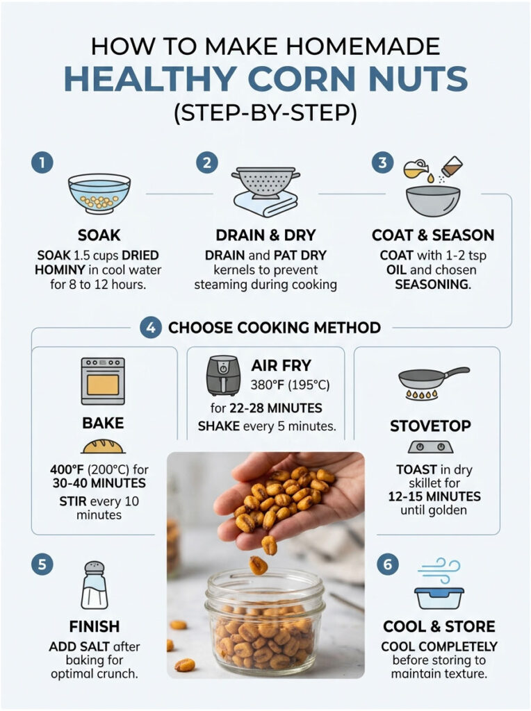Step-by-step guide to making healthy corn nuts with soaking, drying, seasoning, and cooking methods. Infographic.