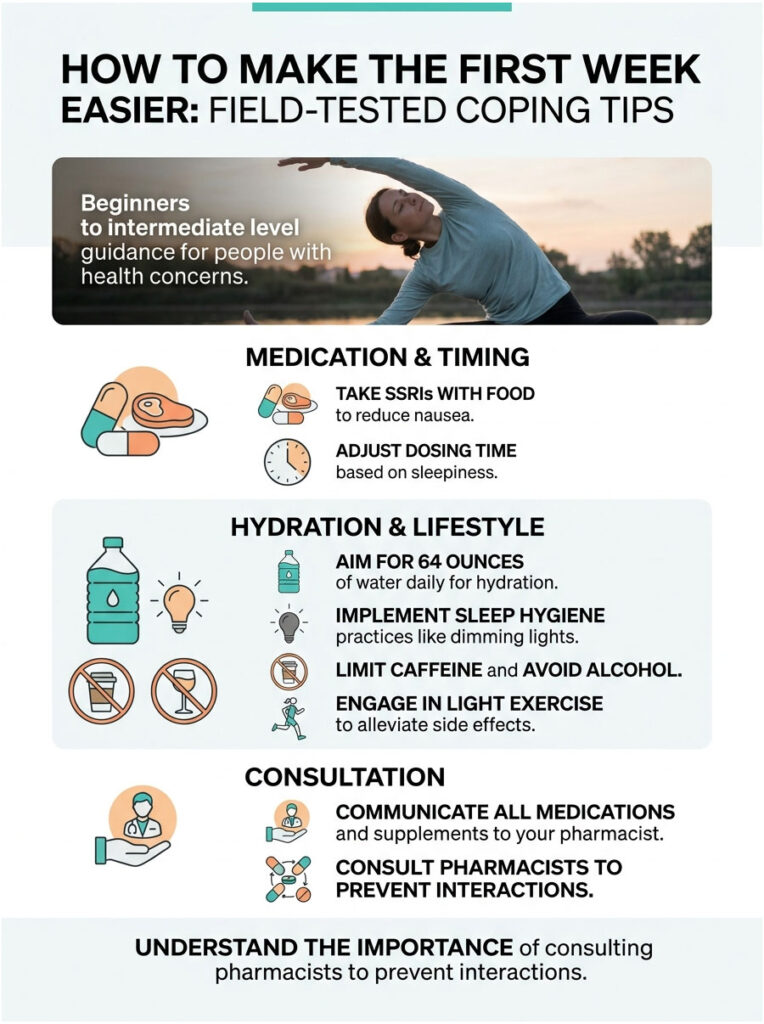 Infographic on coping tips for health concerns, featuring medication, hydration, and consultation advice.