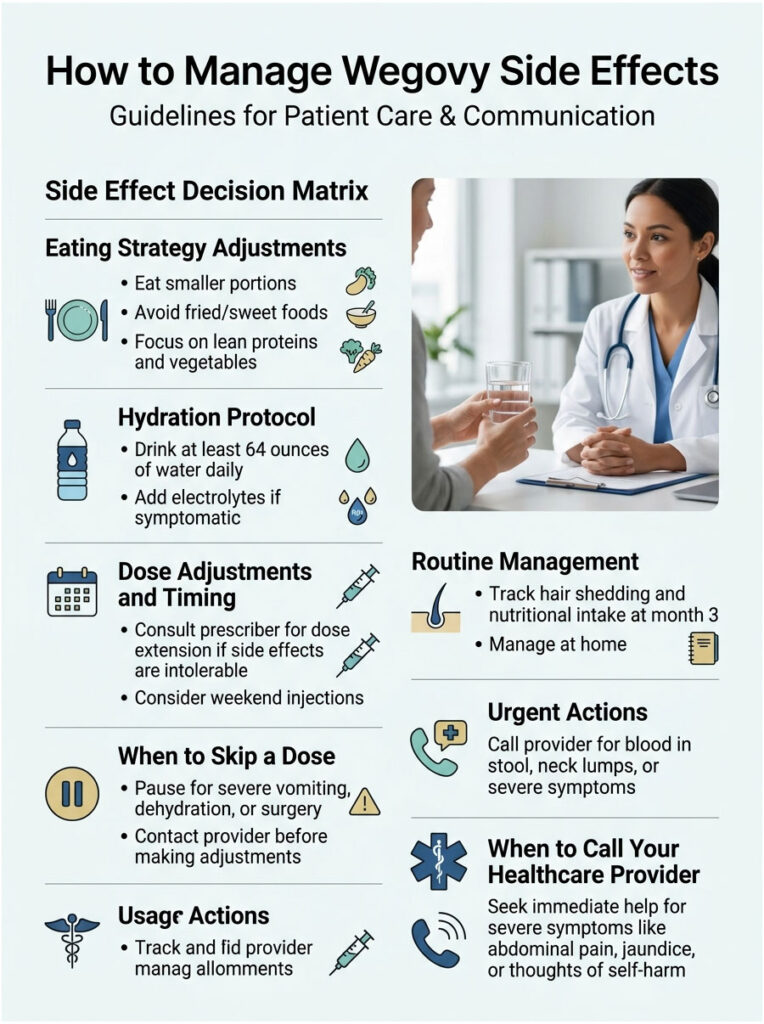 Infographic detailing Wegovy side effect management strategies, including eating adjustments and hydration tips.