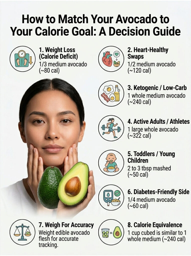 Woman holds avocados while presenting calorie guidelines for various dietary goals in an infographic.