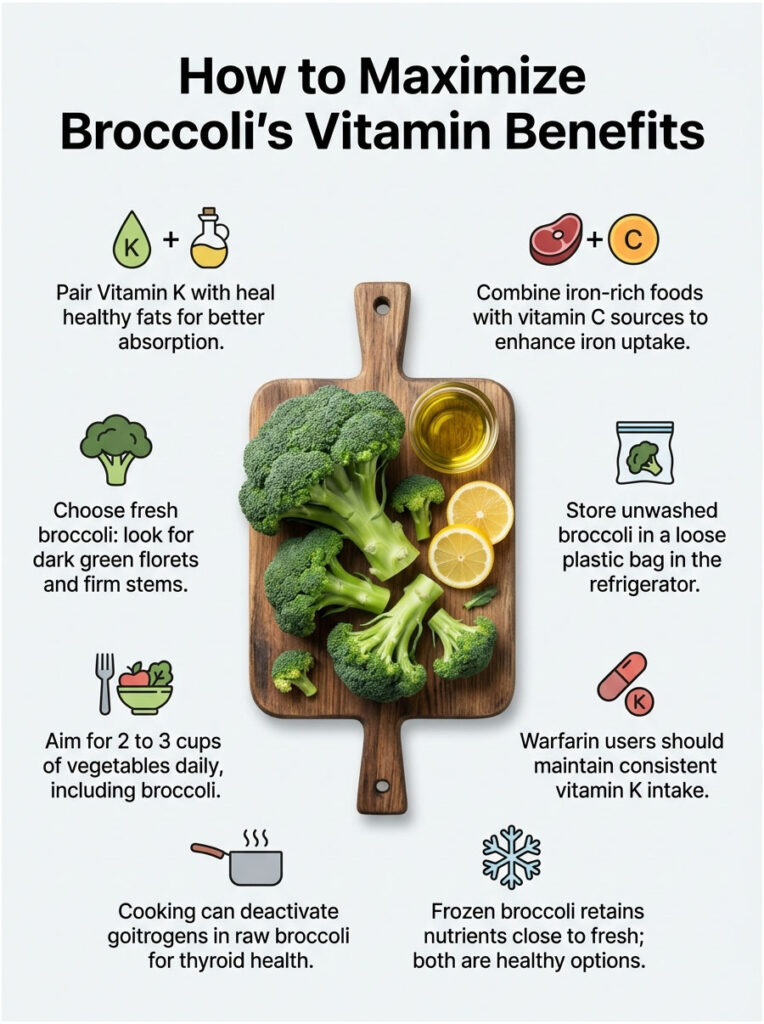 Infographic showing tips to maximize broccoli's vitamin benefits with illustrations and text on a light background.