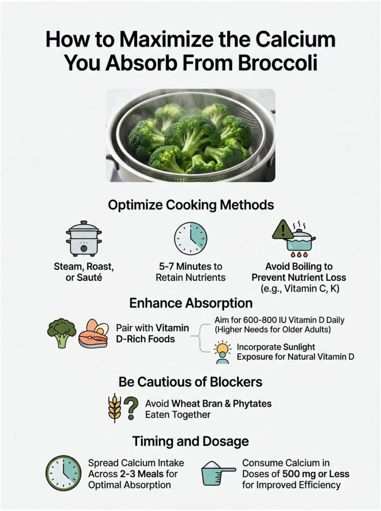 Broccoli in a steamer with tips on maximizing calcium absorption, including cooking methods and timing. Infographic.