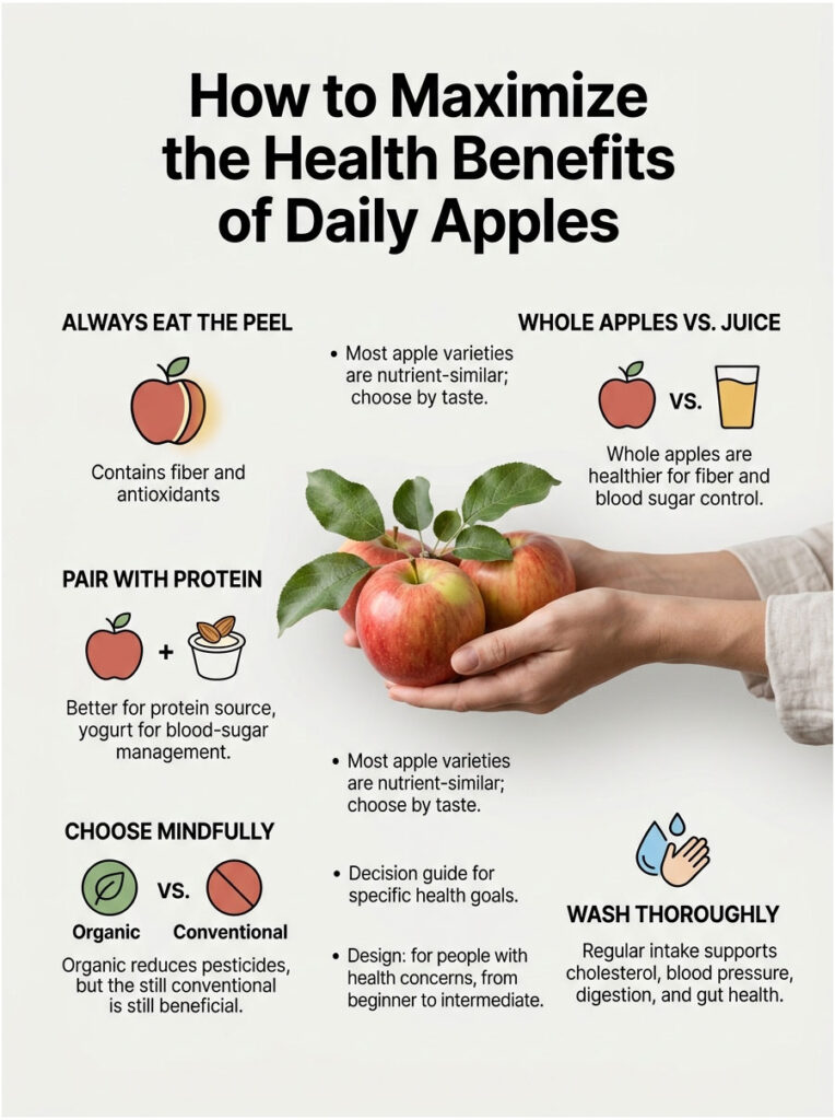 Infographic on maximizing health benefits of daily apples, featuring tips and visuals of apples and yogurt.