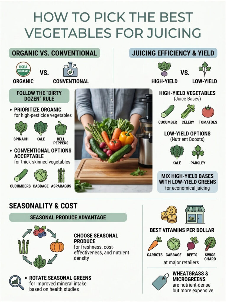 Infographic showing how to choose vegetables for juicing, featuring charts on organic vs. conventional and yield types.
