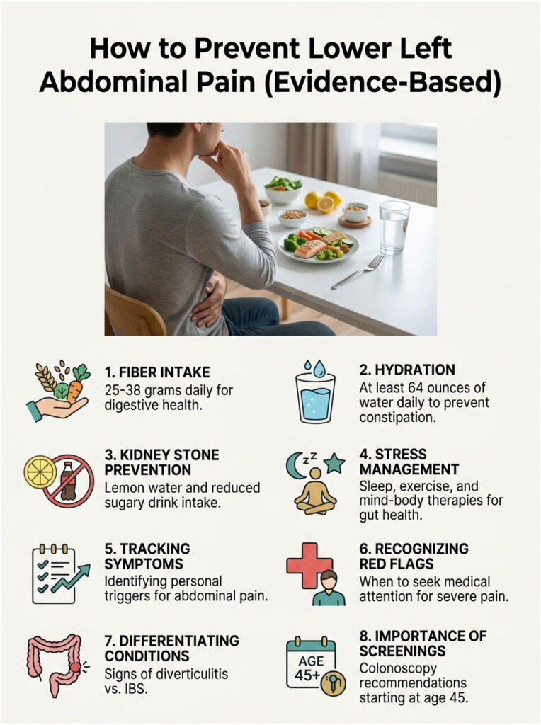 Infographic detailing tips to prevent lower left abdominal pain, including hydration and fiber intake.