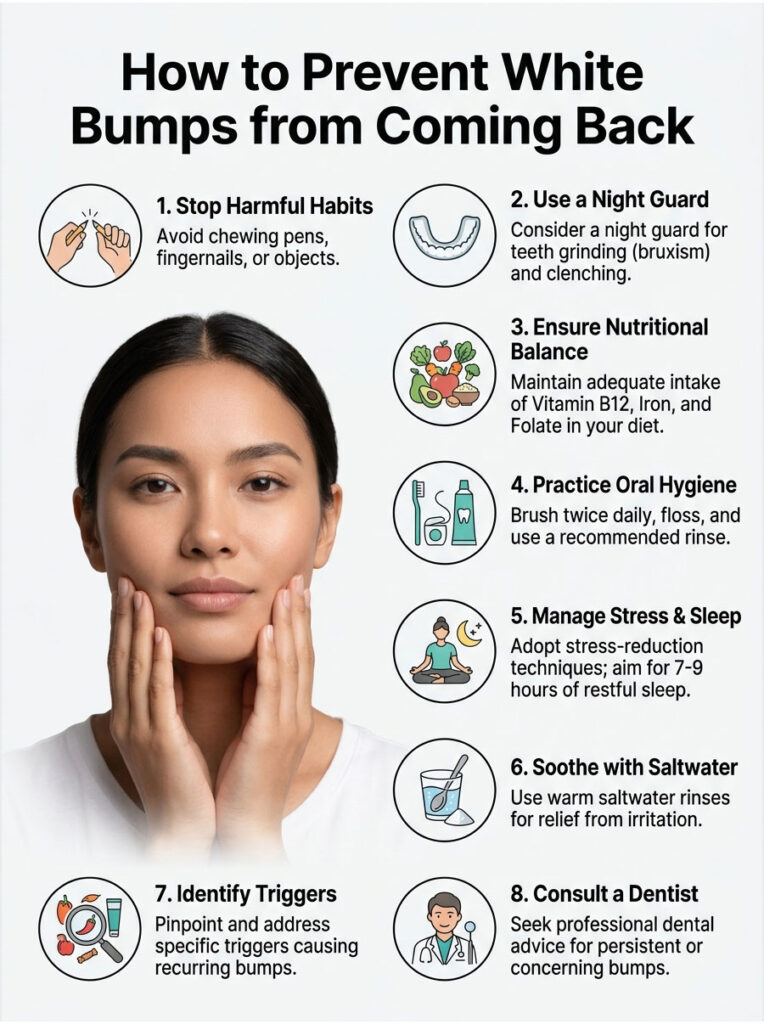 Infographic showing tips to prevent white bumps, featuring a woman and icons for each tip.