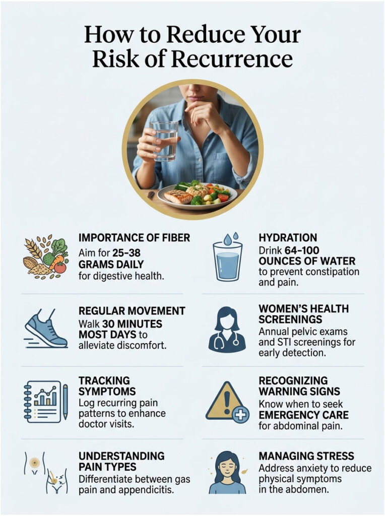 Infographic detailing ways to reduce recurrence risk, including fiber intake, hydration, and health screenings.