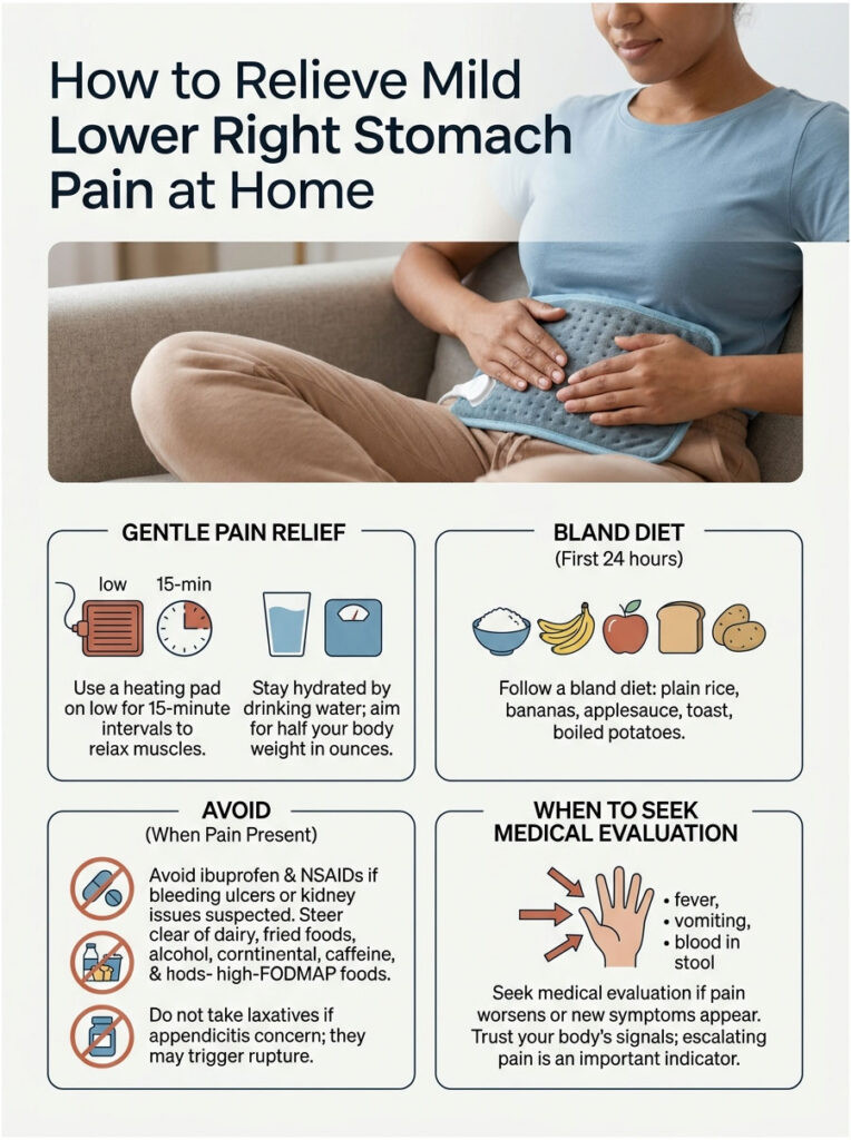 Infographic on relieving mild lower right stomach pain at home with tips on pain relief, diet, and medical evaluation.