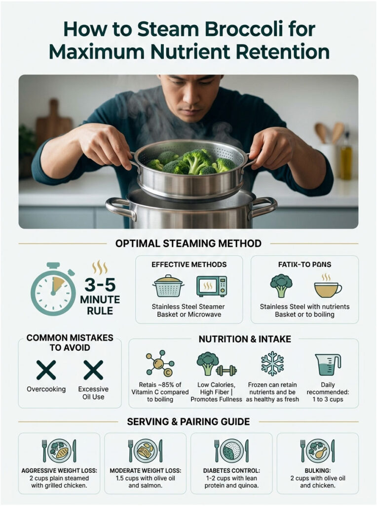 A person steams broccoli in a stainless steel pot, with tips on steaming methods and nutrition retention. Infographic.