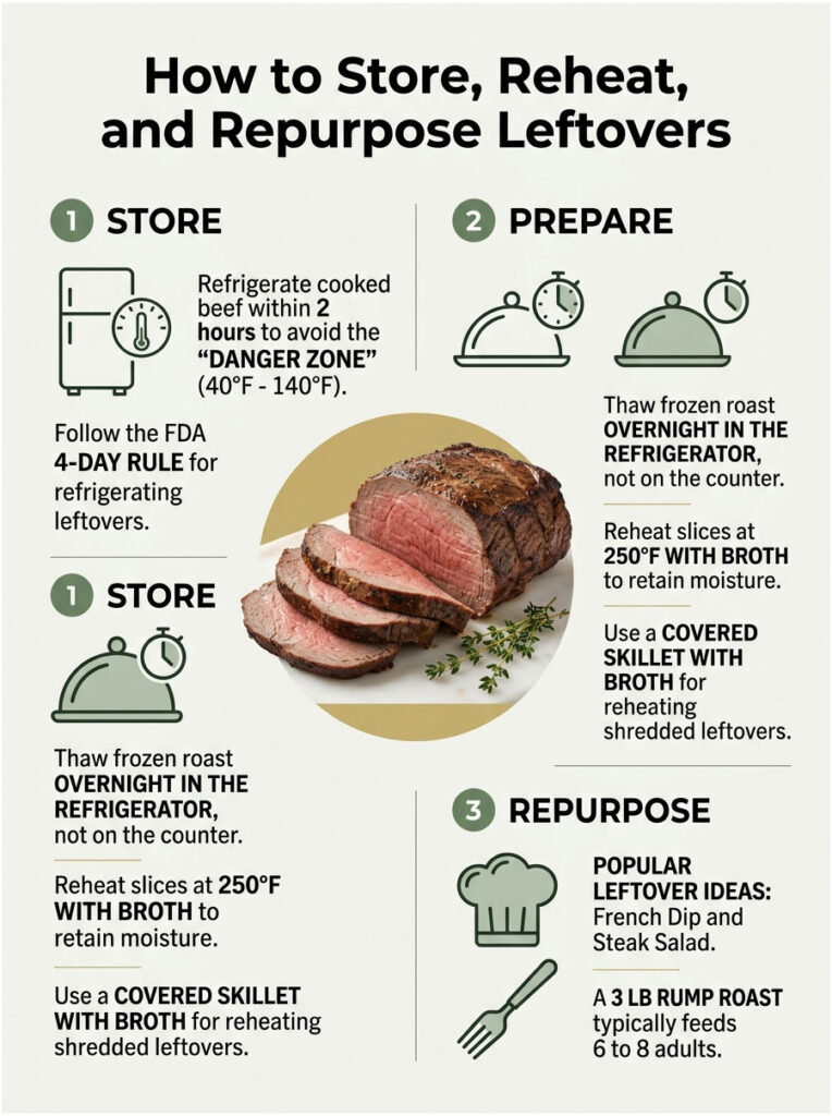 Infographic detailing how to store, reheat, and repurpose leftovers with steps and tips for beef storage.