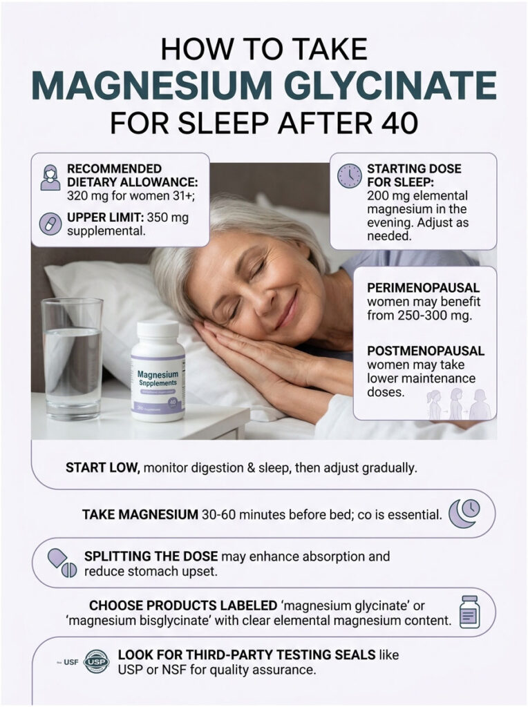 Infographic detailing magnesium glycinate dosage for sleep after 40, featuring guidelines and recommendations.