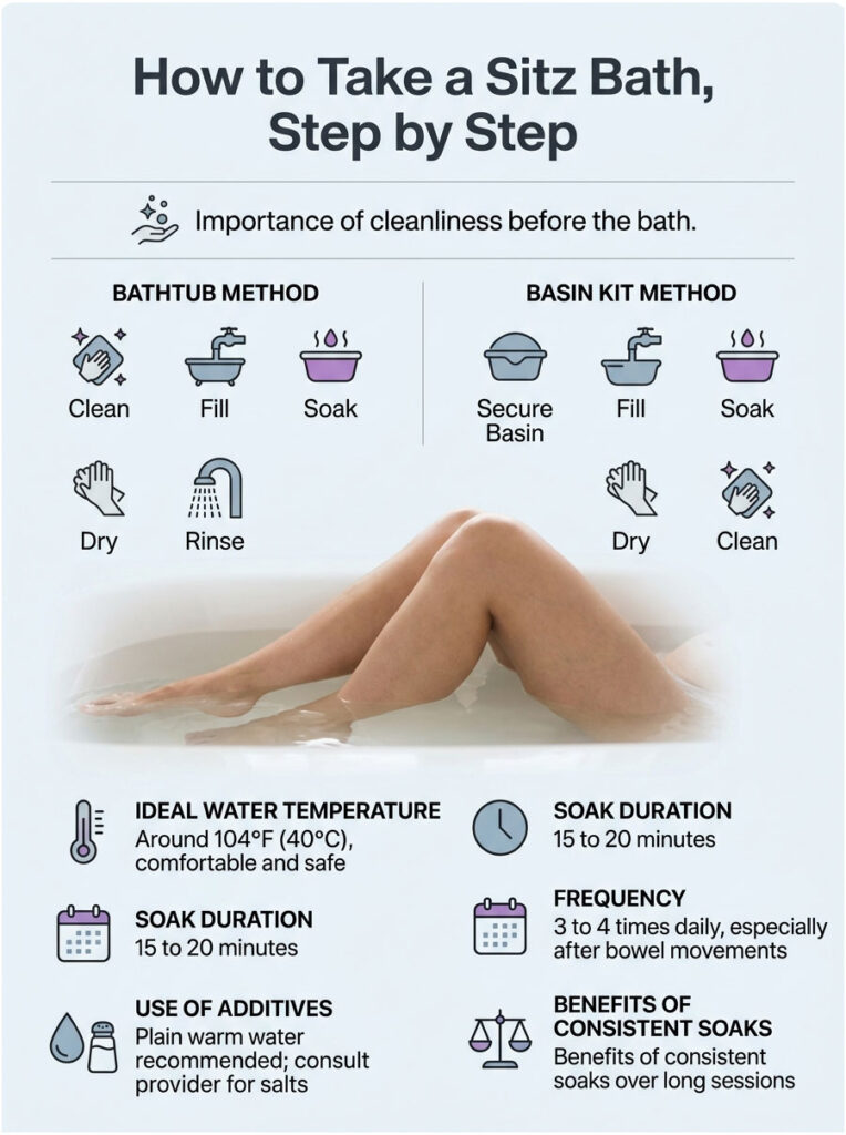 Infographic detailing steps to take a sitz bath, including methods and key tips for cleanliness.