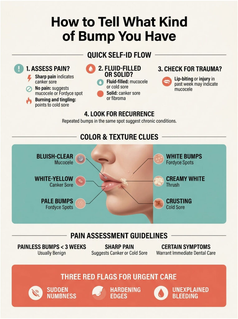 Infographic detailing types of mouth bumps with pain assessment and color clues for diagnosis.