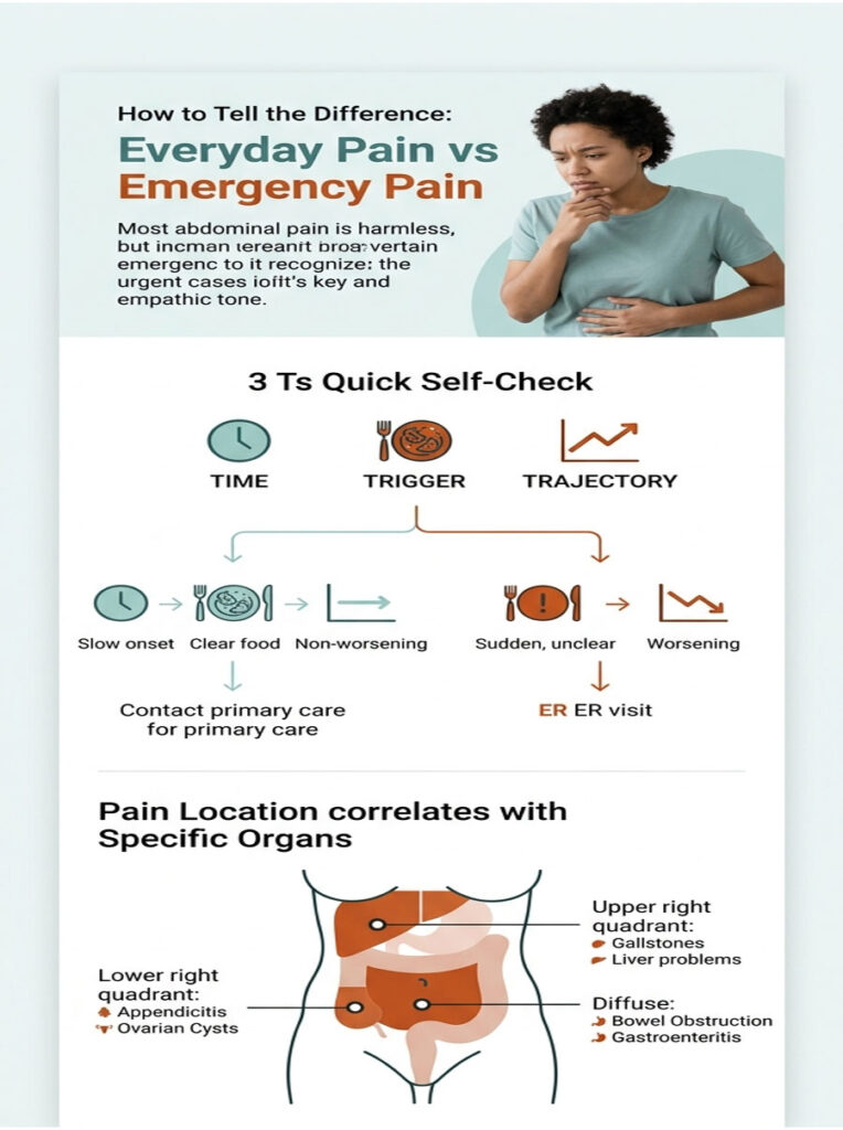 Infographic comparing everyday pain and emergency pain with self-check guidelines and organ pain locations.