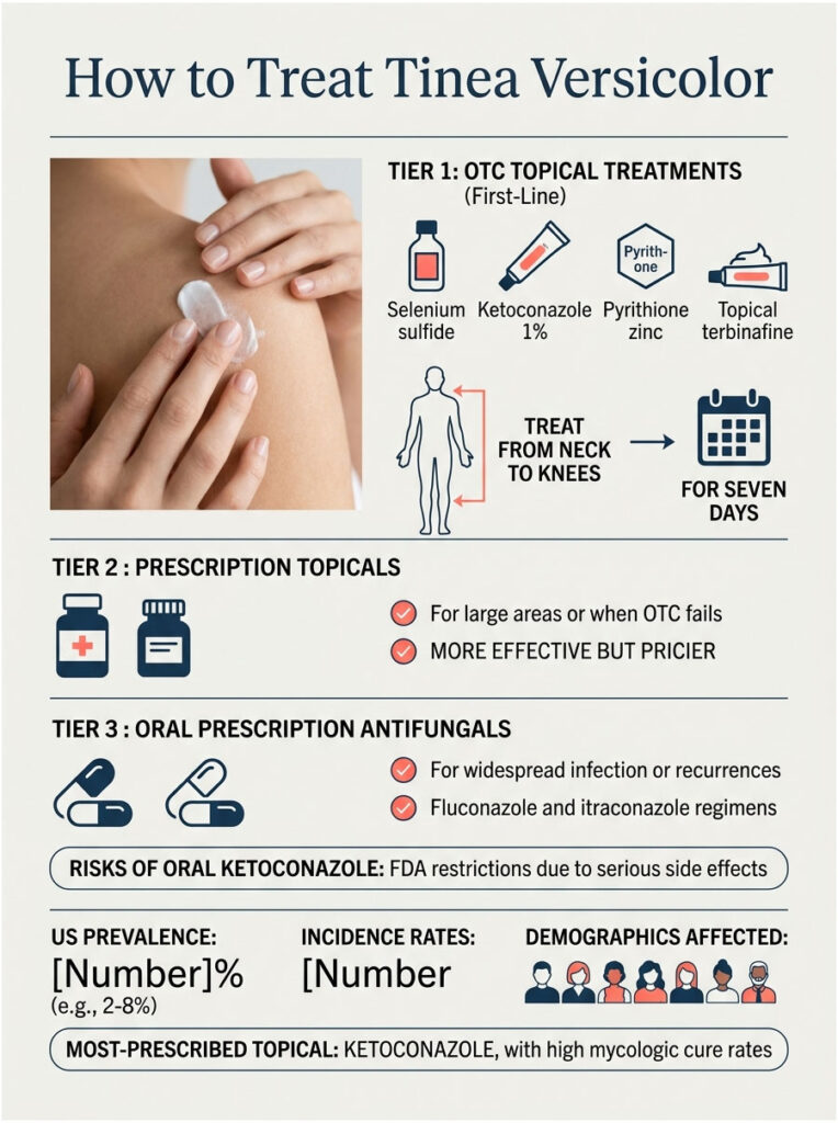 Infographic detailing treatment options for Tinea Versicolor, including OTC and prescription medications, and usage instructions.