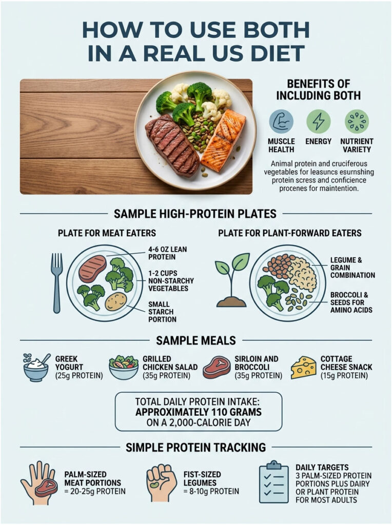 Infographic showing high-protein meal examples, benefits, and protein tracking for a balanced diet.