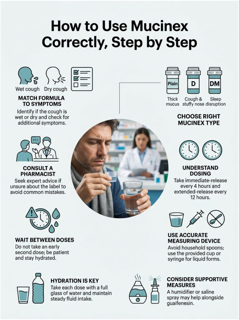 Infographic on using Mucinex correctly, showing steps like matching symptoms and understanding dosing.