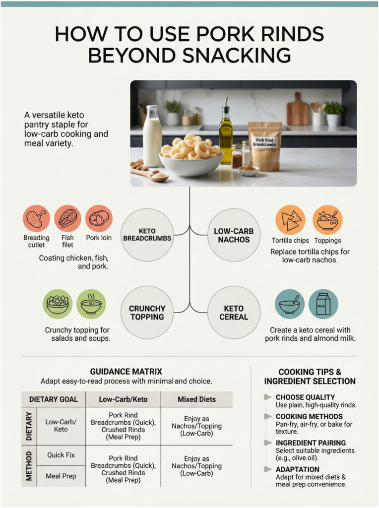 Infographic showing how to use pork rinds in keto recipes, featuring charts and cooking tips.