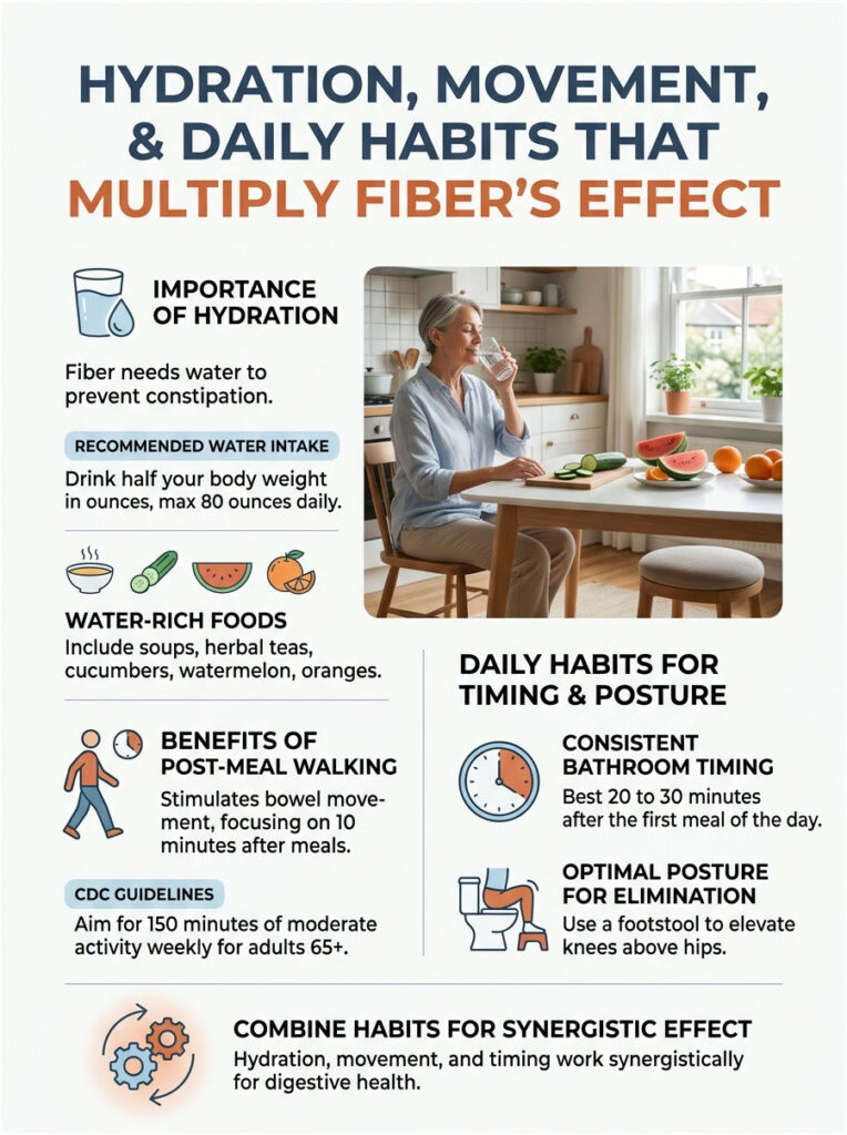 Infographic on hydration, movement, and daily habits to enhance fiber's effect, featuring charts and tips.