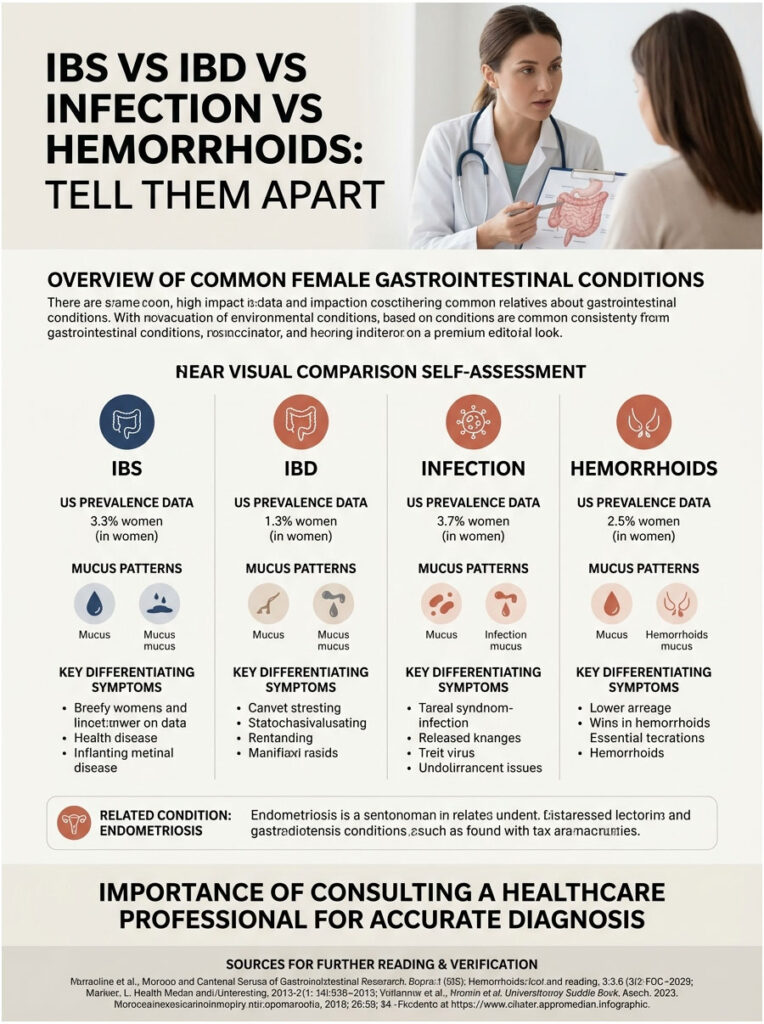 Infographic comparing IBS, IBD, infection, and hemorrhoids with prevalence data and symptoms for women.