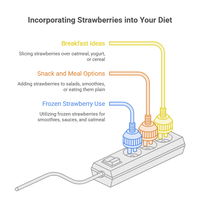 Infographic showing ways to incorporate strawberries into meals with sections for breakfast, snacks, and frozen use.