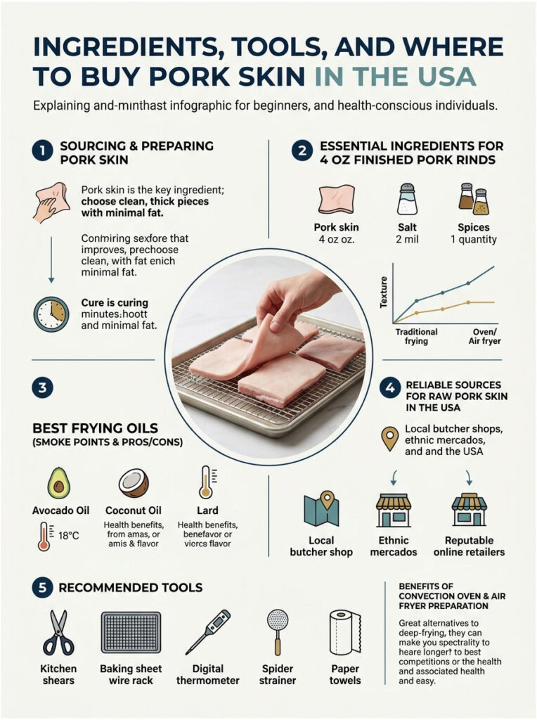 Infographic detailing ingredients, tools, and sources for buying pork skin in the USA, featuring charts and icons.