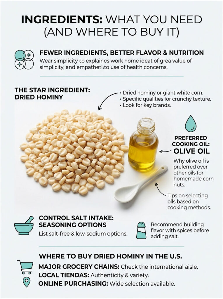 Infographic detailing ingredients needed for cooking, featuring dried hominy, olive oil, and seasoning options.